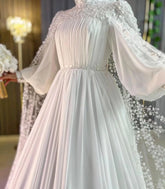 Exquisite Muslim Wedding Dress with Beading Cape A-Line Long Sleeve Bridal Gowns High Neck Chiffon Bride Robe De Mariée